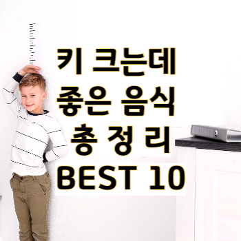 키를 재고 있는 아이 옆에 키 크는데 좋은 음식 총정리 BEST 10라고 적혀있다.