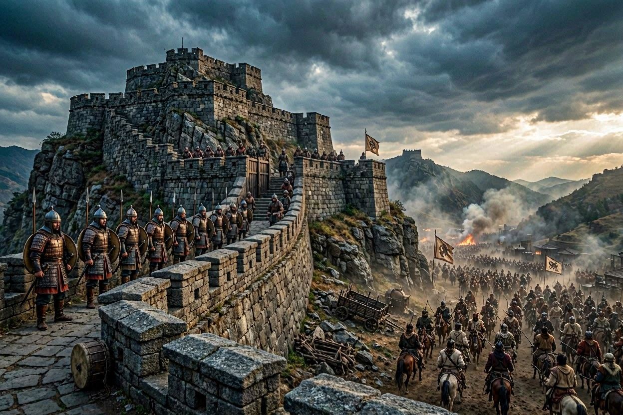 An artist's conceptualization of the heavily fortified Hwando Mountain Fortress, standing as Goguryeo's last line of defense against the nomadic cavalry of Former Yan.