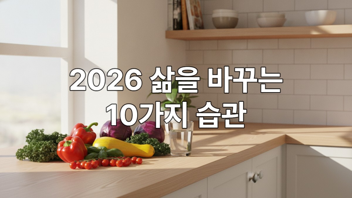 밝은 햇살이 비치는 주방에 놓인 신선한 채소와 물 한 잔, 2026년 오가닉 라이프 스타일을 상징하는 이미지