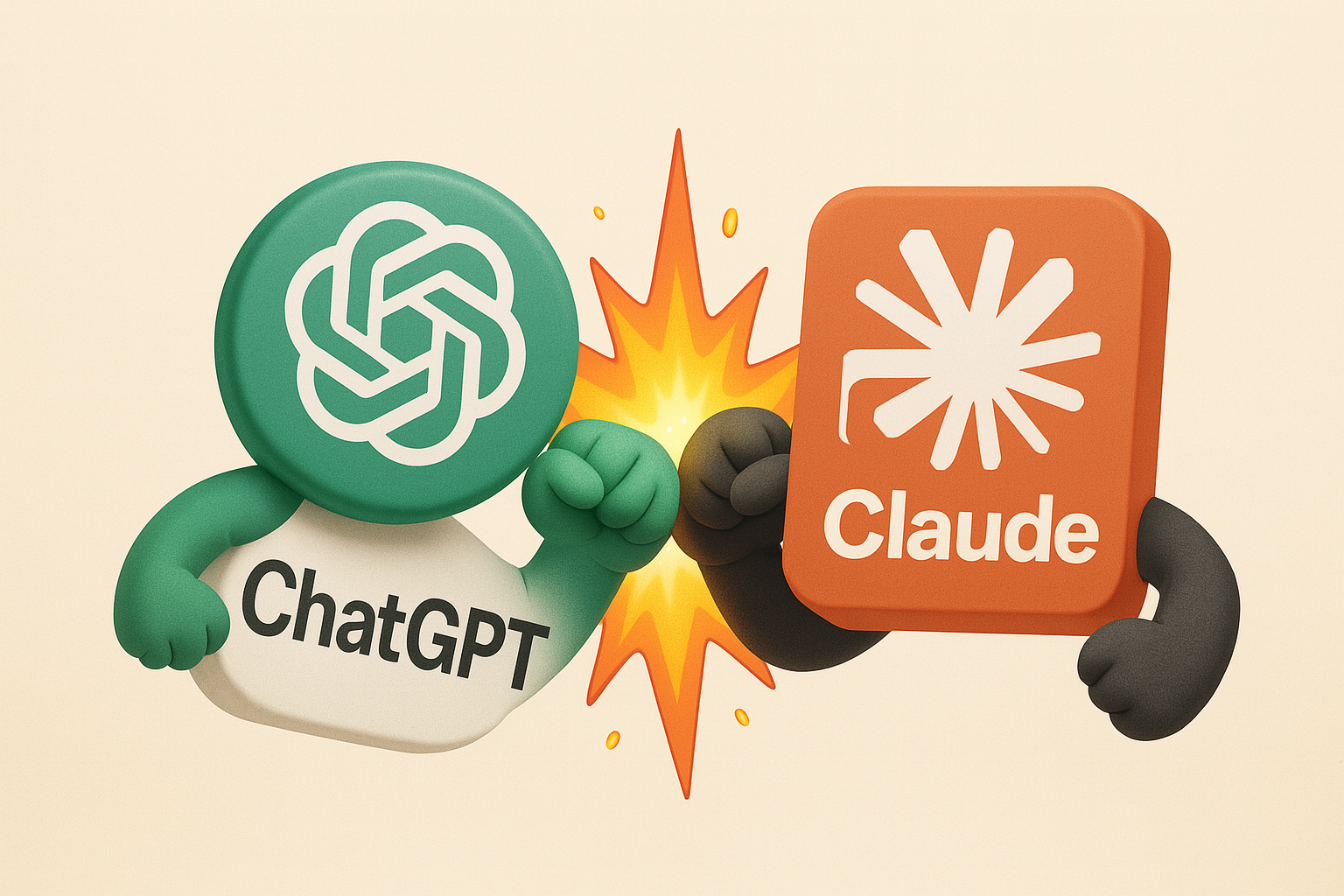 ChatGPT와 Claude의 로고에 팔이 달려있고 서로 주먹을 맞대는 그림