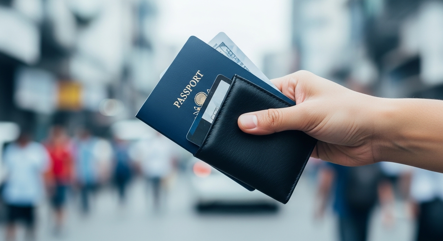 여권과 지갑을 소중히 잡고 있는 손. 해외여행 중 소지품을 안전하게 관리하는 모습