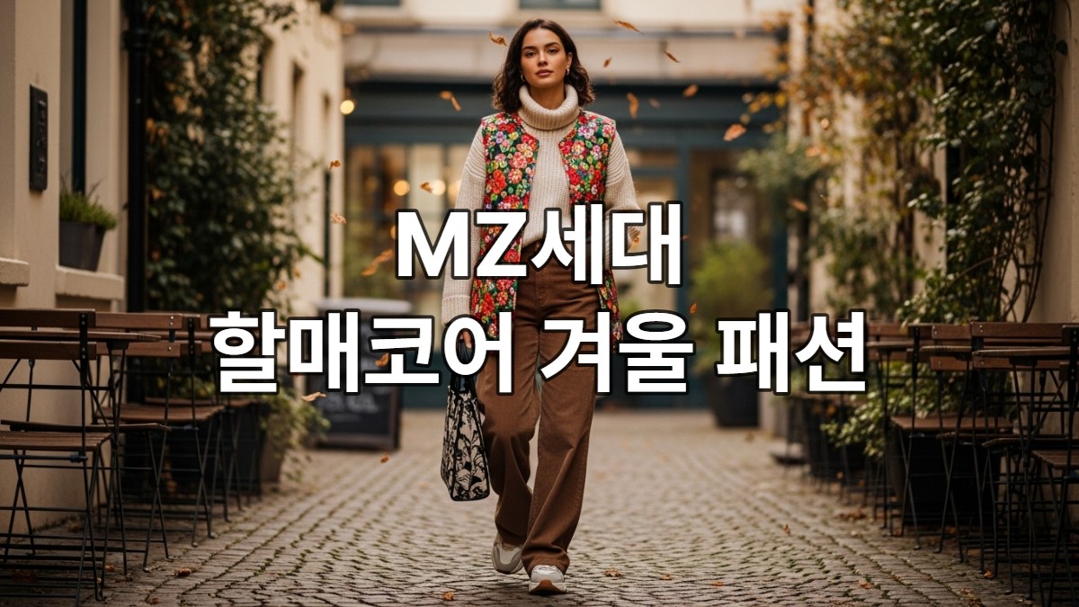 꽃무늬 누빔조끼와 터틀넥 스웨터를 입고 할매코어 패션을 현대적으로 소화한 MZ세대 여성의 겨울 코디.