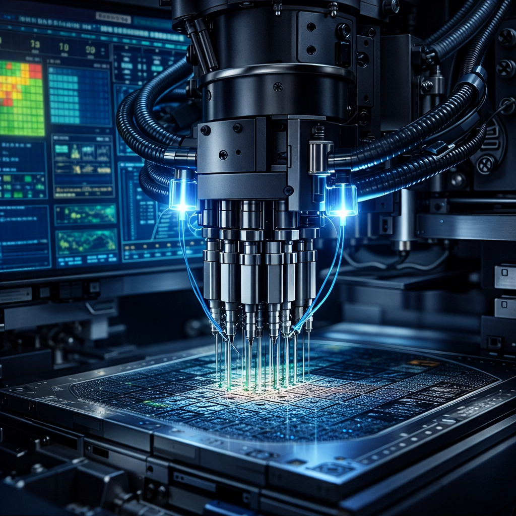 APS이노베이션의 주력 제품인 어레이 테스터(Array Tester)를 더욱 정밀하고 상세하게 묘사한 이미지를 제작했습니다.
이미지 특징:
정밀 프로브 헤드: 미세한 테스트 바늘과 정밀 센서가 장착된 핵심 유닛을 중심으로 복잡한 내부 기계 구조를 생생하게 표현했습니다.
고해상도 디스플레이: 배경의 제어 패널에는 실시간 회로 패턴과 데이터 분석 결과가 선명하게 표시되어 장비의 첨단 기능을 시각화했습니다.
기술적 디테일: 광섬유 케이블, 금속 질감, 그리고 파란색 레이저 센서 광원 등을 통해 산업용 장비 특유의 전문성과 정밀함을 강조했습니다.