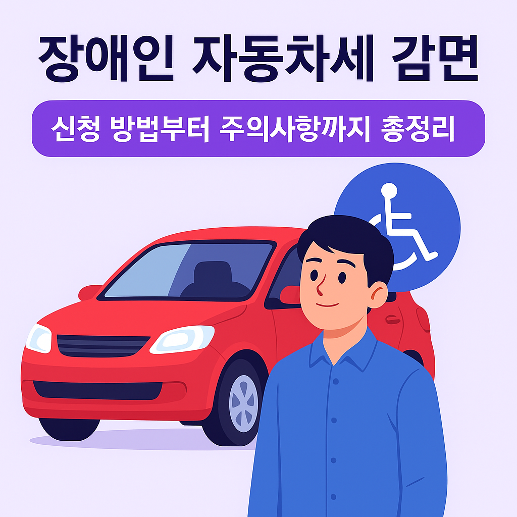 장애인 자동차세 감면 안내 썸네일 이미지로, 빨간 자동차와 파란 셔츠를 입은 남성, 휠체어 아이콘과 함께 '신청 방법부터 주의사항까지 총정리' 문구 포함