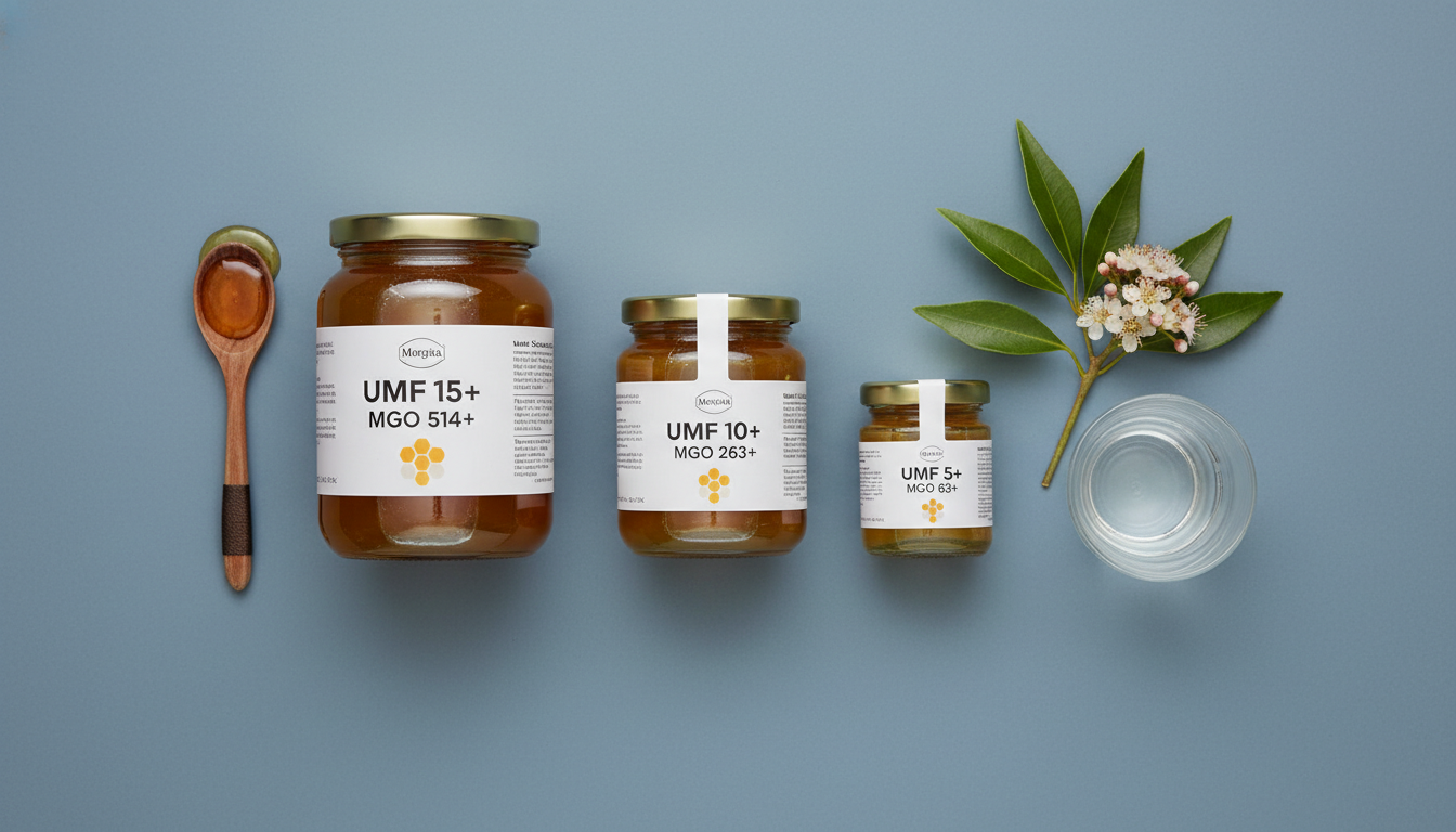 다양한 UMF/MGO 등급의 마누카꿀 병들과 나무 숟가락, 물 한 잔이 놓여 있어 선택 및 복용법을 안내하는 깔끔한 이미지
