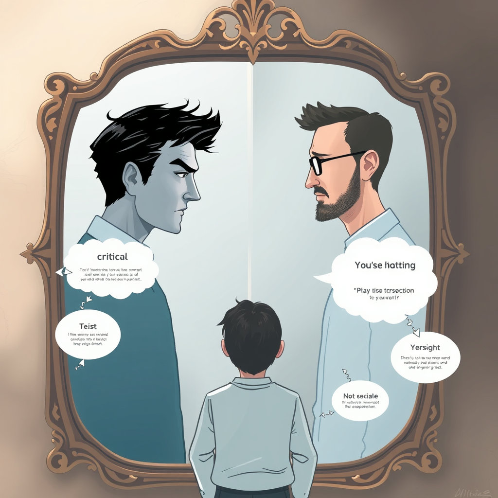 거울을 바라보며 자기반성하는 사람, 두 개의 자아가 마주보는 모습, 비판과 성장을 표현한 인포그래픽, 냉철한 시선으로 자신을 분석하는 사람