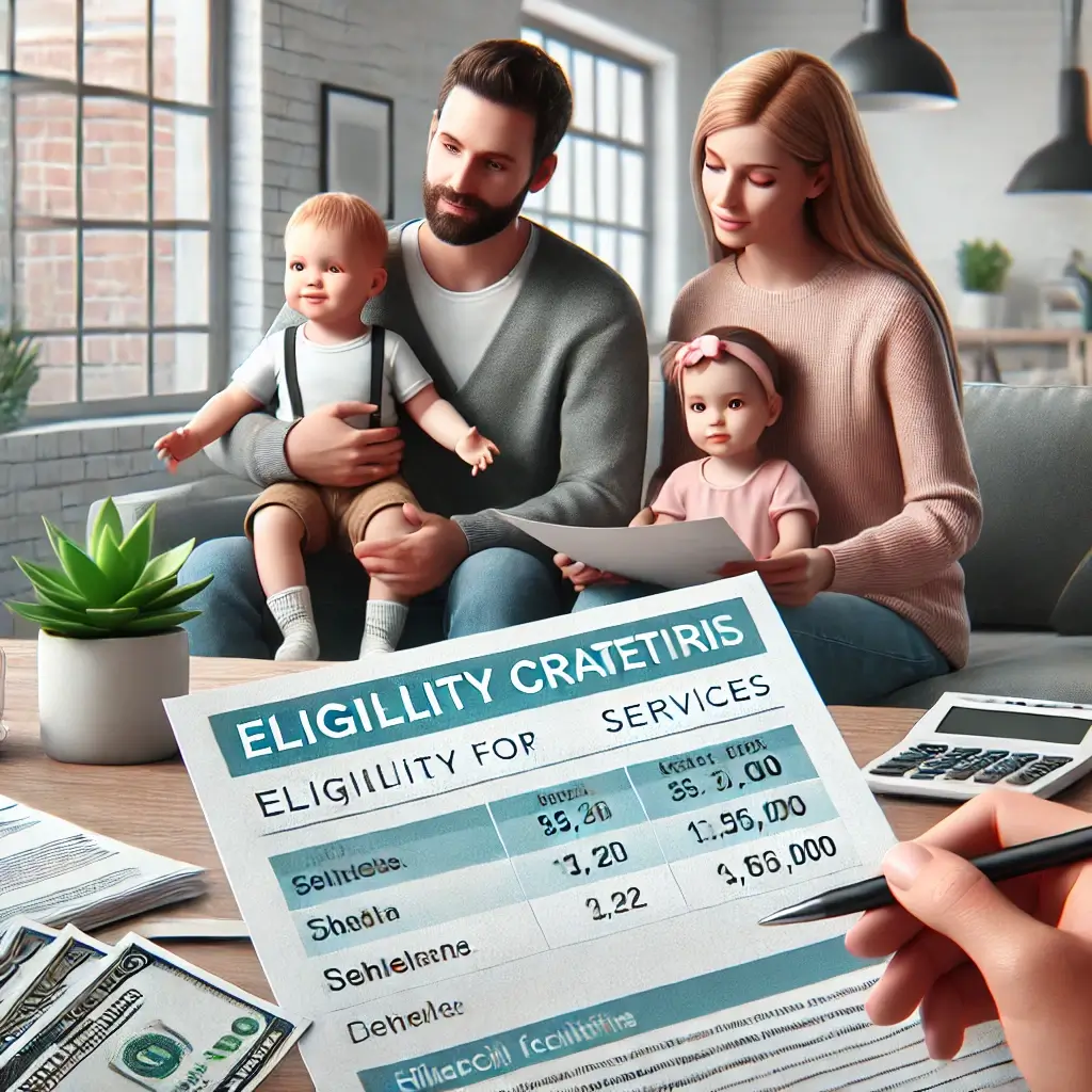 아이돌봄서비스 신청 자격을 설명하는 가족과 서류 이미지.