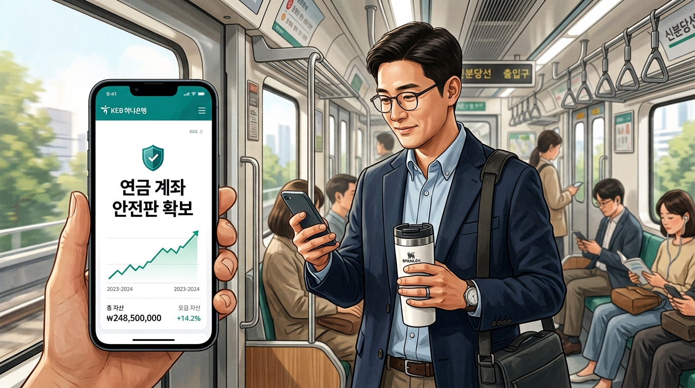 수요일 아침 붐비는 출근길 지하철 안, 따뜻한 모닝커피를 한 손에 쥔 채 스마트폰 화면 속 안전하게 정돈된 미국 달러 단기 채권 자산의 매매 궤적과 안정적으로 축적되는 연 5%대 복리 SOFR 파킹 계좌 매트릭스를 확인하며 평온한 미소를 짓는 스마트 직장인 투자자의 주중 일상 일러스트
