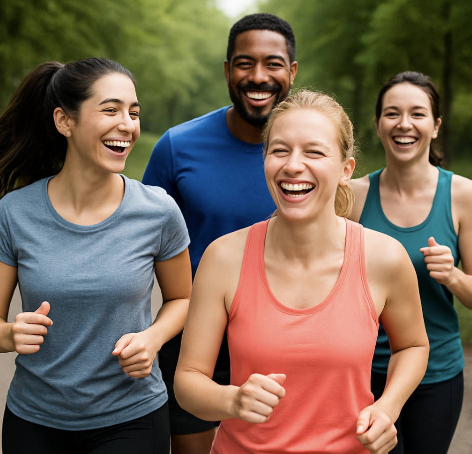해맑게 웃으며 운동하는 사람들
