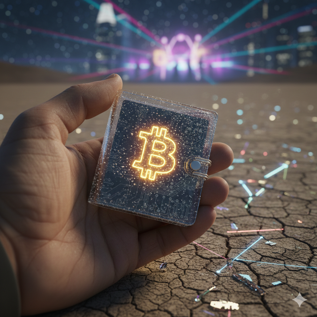 거칠게 갈라진 대지를 배경으로, 한 사람의 손바닥 위에 비트코인 심볼이 밝게 빛나는 투명한 디지털 지갑이 놓여 있습니다. 지갑 내부에는 정교한 회로 기판 패턴이 비치며, 주변으로는 푸른색과 분홍색의 광섬유 같은 빛줄기들이 대지 위를 가로지르며 뻗어 나갑니다. 멀리 배경에는 밤하늘 아래 도시의 실루엣과 몽환적인 레이브 조명이 어우러져 미래지향적인 느낌을 줍니다.