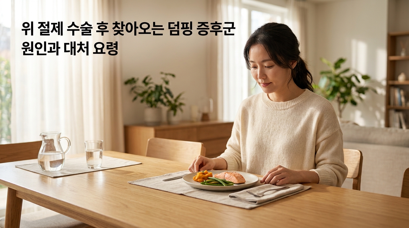햇살이 비치는 아늑하고 깨끗한 식탁 위에 위 절제 후 덤핑 증후군을 예방하기 위해 소량으로 차려진 식사와 식수가 철저하게 분리되어 있는 모습. '위 절제 수술 후 찾아오는 덤핑 증후군', '원인과 대처 요령'이라는 문구가 적혀 있어, 위 절제술 후 덤핑 증후군의 원인과 올바른 대처법의 중요성을 시각화함.