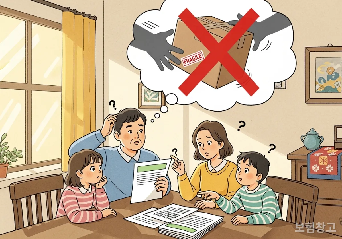 일상생활배상책임보험 약관을 보며 고민하는 한국 가족 일러스트