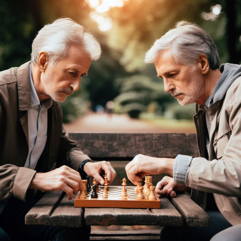 Two men in their 60s playing chess
