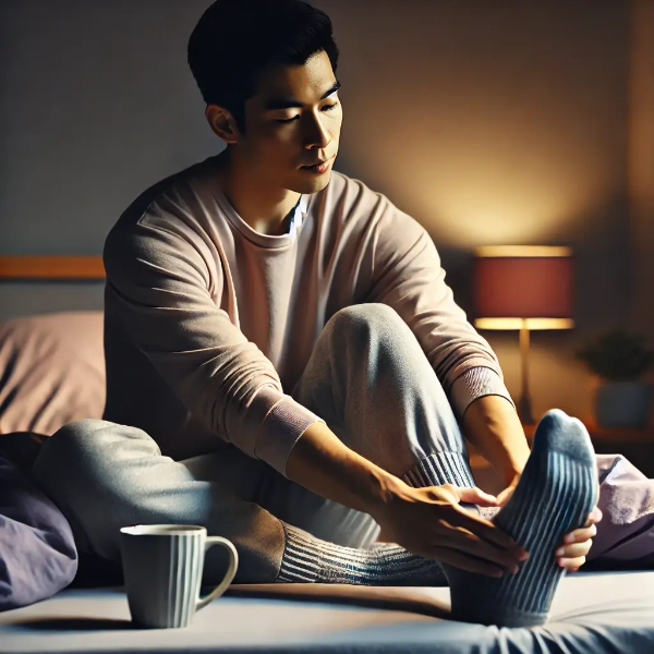 침실에서 다리를 가볍게 스트레칭하며 숙면용 허브차를 옆에 두고 앉아 있는 동양인 젊은 남성의 초고해상도 사진