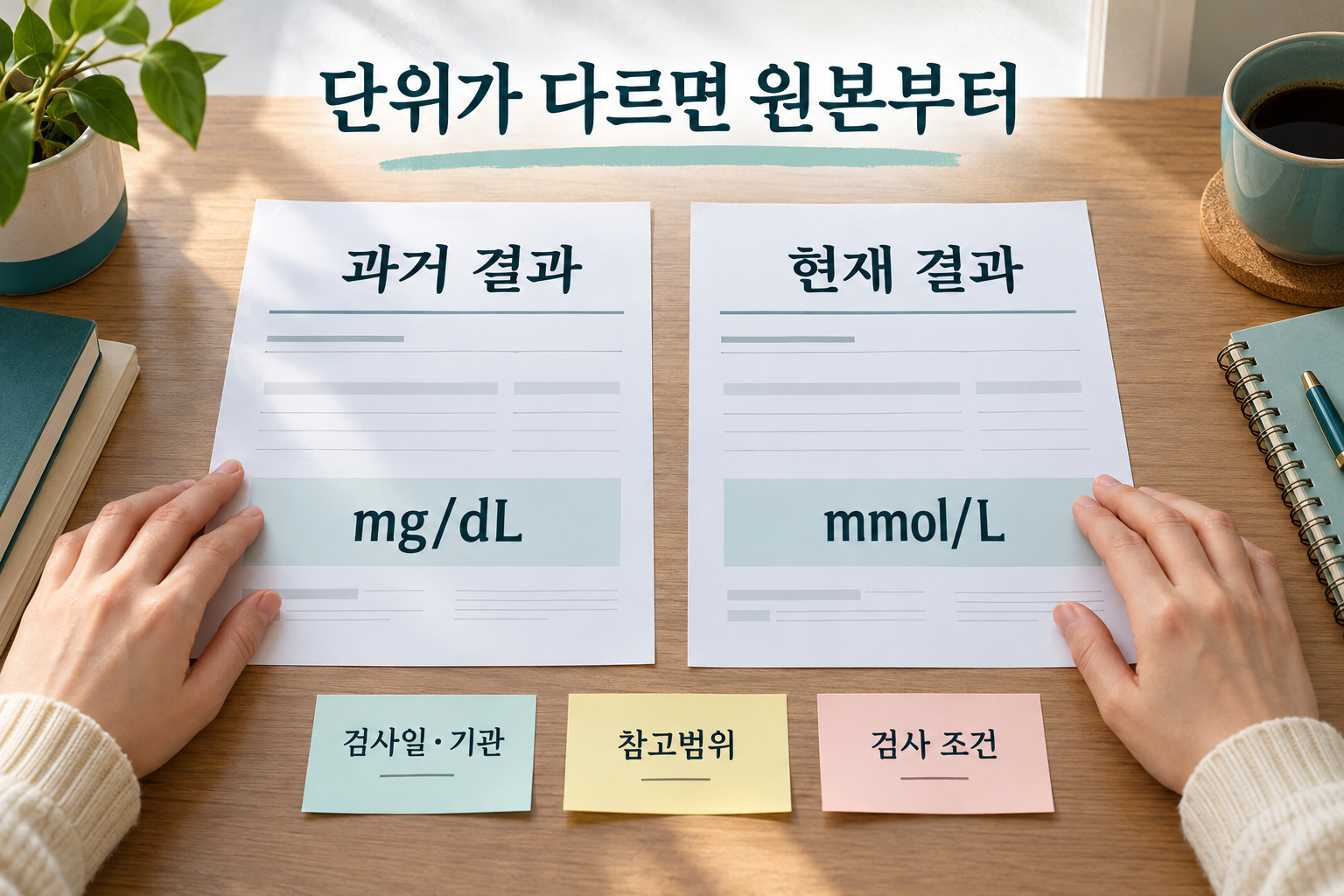 단위가 다른 두 결과지를 날짜·기관 메모와 함께 묶는 손