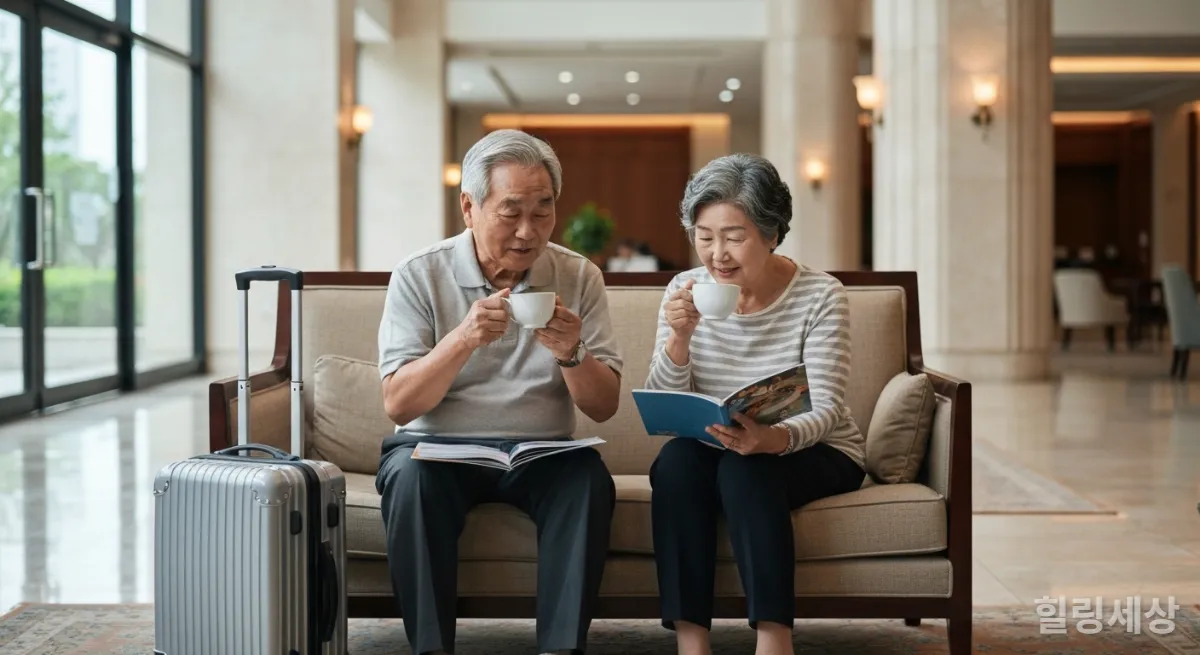 호텔 로비에서 편안하게 여행 가이드를 보는 한국인 베이비붐 세대 부부의 모습