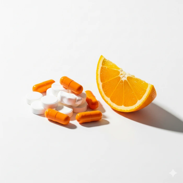 흰색 배경 위에 놓인 비타민 C 알약, 주황색 캡슐, 그리고 오렌지 조각