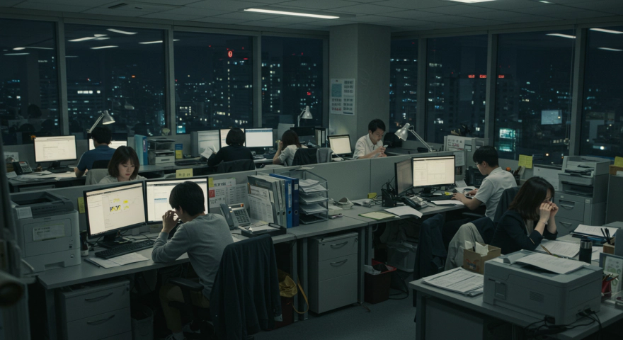 야근으로 피곤해하는 한국인 직장인이 사무실 책상에 앉아있는 모습