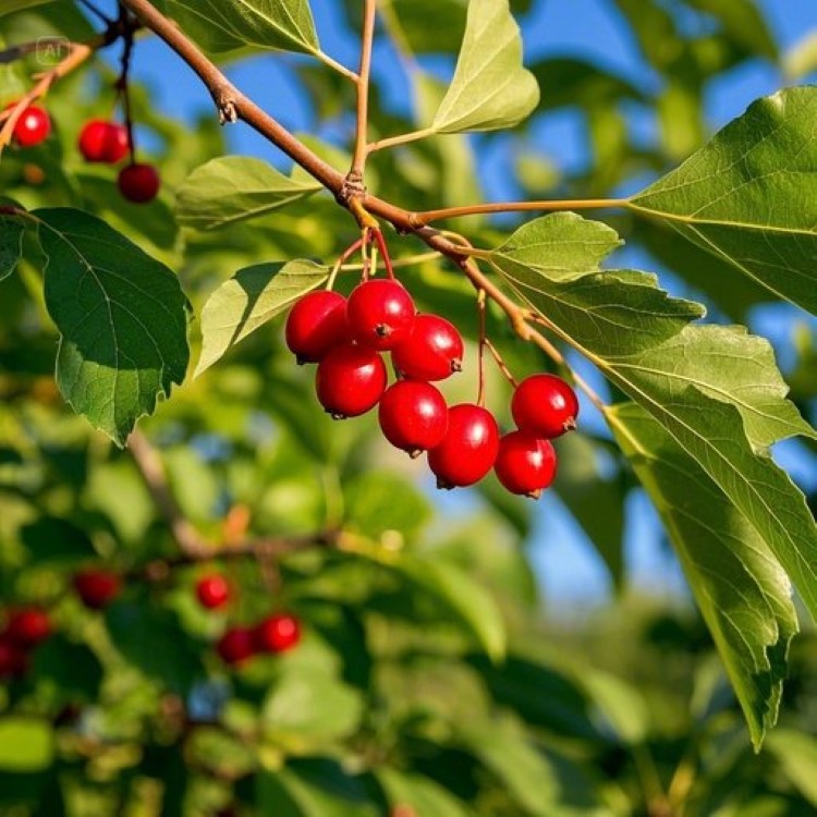 빨갛게 익은 보리수 열매가 나무 가지에 주렁주렁 달려있는 모습. 싱그러운 녹색 잎사귀 사이로 보이는 선명한 빨간 열매들이 자연스럽게 배치되어 있고, 배경은 따뜻한 햇살이 비치는 자연스러운 야외 풍경. 건강하고 신선한 느낌을 주는 자연 친화적인 이미지.