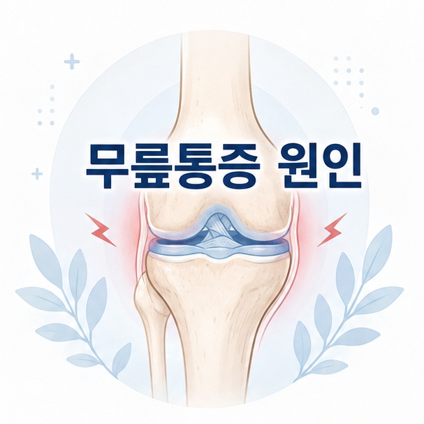 사람의 무릎 관절을 이용해 다양한 무릎통증 원인을 소개하는 그림
