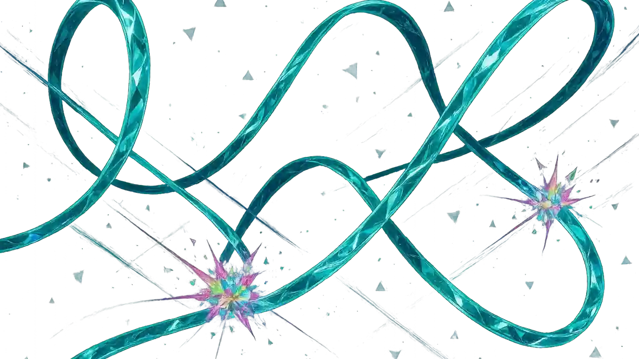 우주 공간에서 빛나는 끈들이 아름다운 진동 패턴을 그리며 다양한 입자들로 변화하는 모습을 표현한 신비로운 이미지