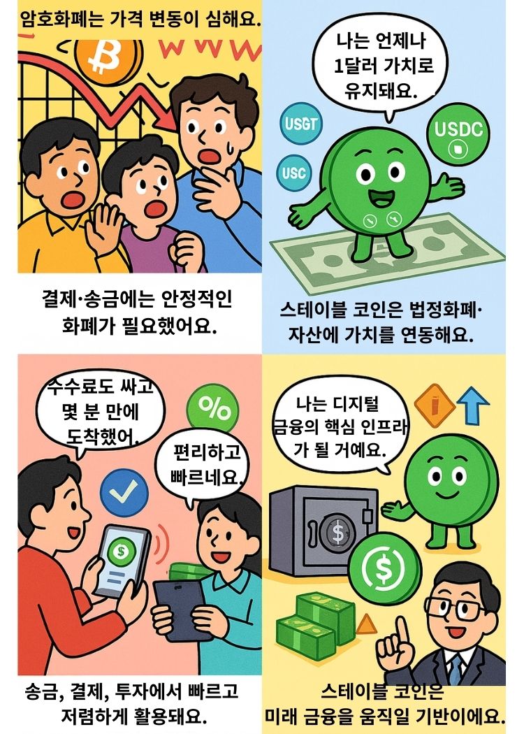 스테이블 코인은 가격 변동이 심한 코인에 비해 안정적이라는 내용의 4컷 만화