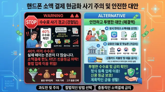 핸드폰 소액 현금화 진행 시 발생하는 40% 수수료 사기를 직관적으로 경고하고 대안을 제시하는 인포그래픽