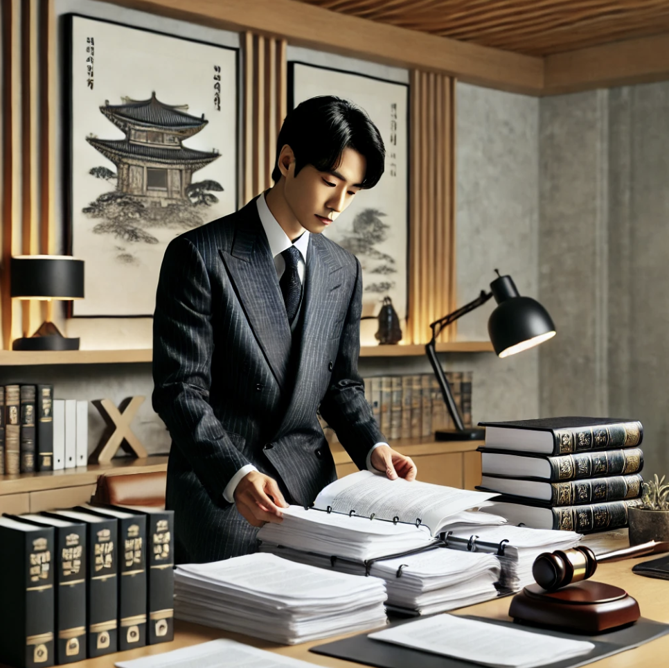상속세 법률 문서를 면밀히 검토하고 있는 변호사의 모습