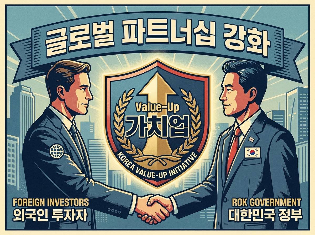 한국 정부의 밸류업 로고와 함께 외국인 투자가들이 악수를 나누는 상징적인 비즈니스 그래픽