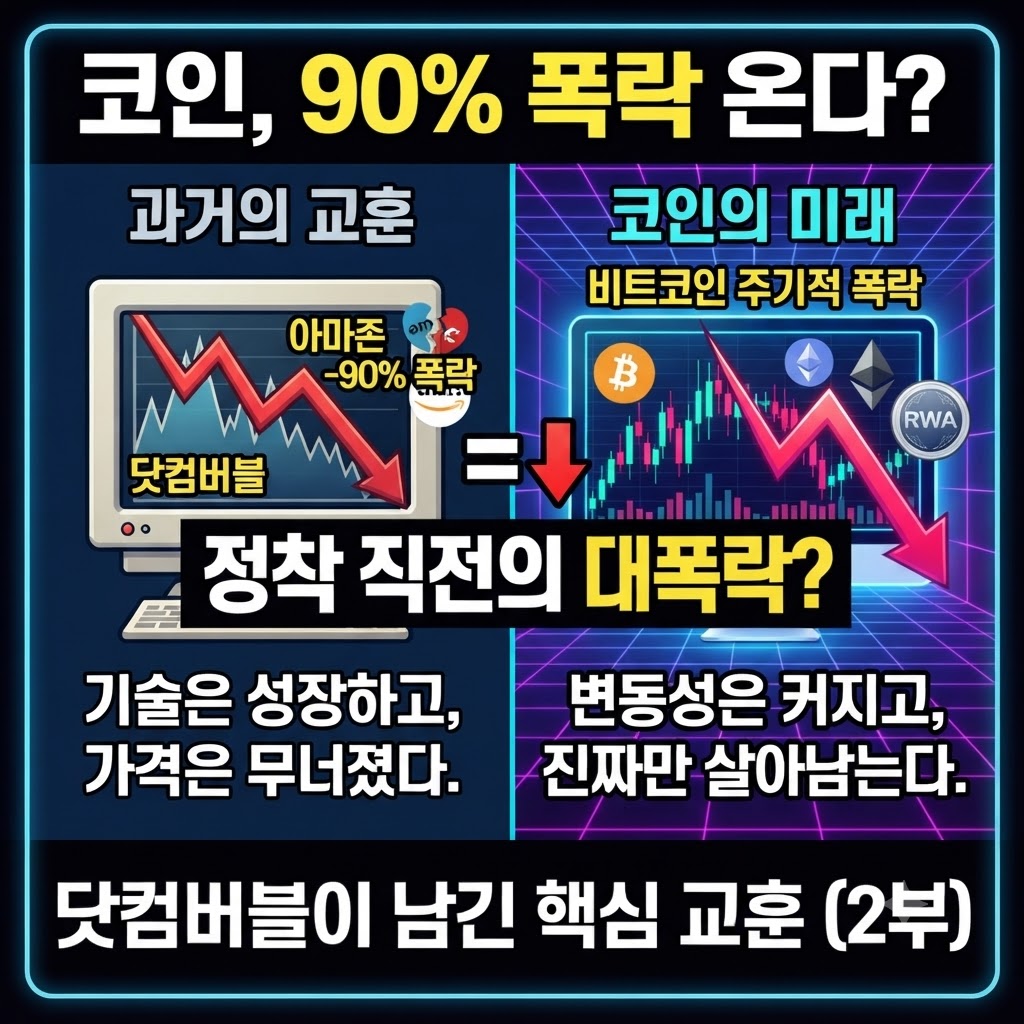 역사는 반복될까? 닷컴버블 당시 아마존의 90% 폭락과 현재 코인 시장의 대폭락 사이의 연관성을 분석한 그래프 썸네일. '코인, 90% 폭락 온다?'는 질문과 '정착 직전의 대폭락?'이라는 핵심 문구를 담고 있음