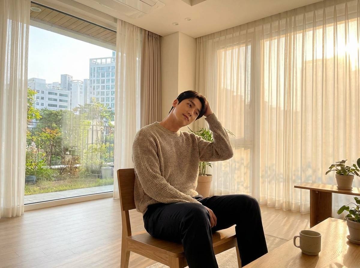 현대적인 거실에서 한 남성이 올바른 자세로 앉아 목 스트레칭을 하는 평온한 모습