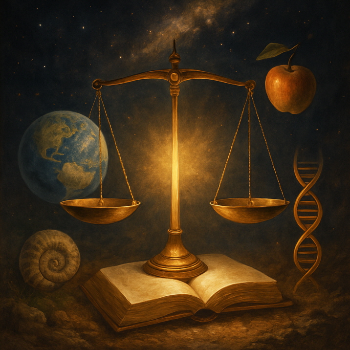 황금색 저울이 펼쳐진 책 위에 놓여 있고, 저울의 한쪽에는 지구가, 다른 쪽에는 DNA 이중나선과 떨어지는 사과, 암모나이트 화석이 조화롭게 배치되어 있다. 배경은 별이 반짝이는 우주이며, 중심에서부터 따뜻한 빛이 퍼져 나와 저울과 책을 비추고 있다. 자연 법칙과 도덕 법칙의 조화를 상징하는 몽환적이고 상징적인 디지털 회화.