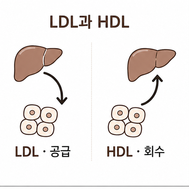 LDL과 HDL의 이동 방향 비교, 간에서 조직으로 공급하는 LDL과 조직에서 간으로 회수하는 HDL을 화살표로 나타낸 도해
