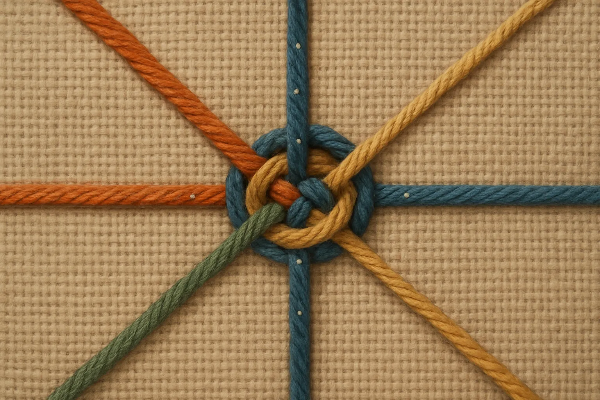 중앙 매듭을 중심으로 자금의 흐름을 상징하는 색실 직물