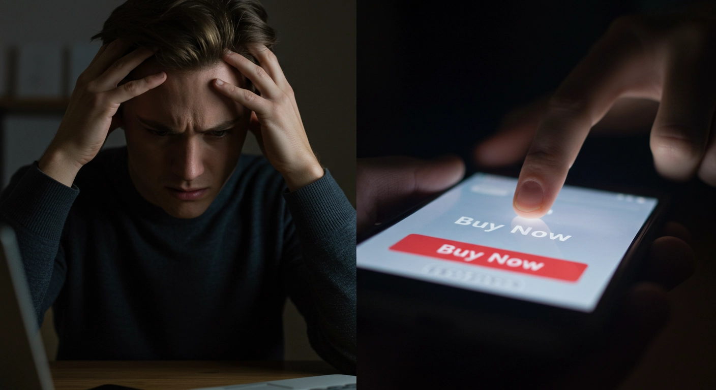 감정 소비의 순간을 묘사하는 이미지. 지친 사람이 스마트폰의 '지금 구매' 버튼을 누르기 직전 망설이는 모습.