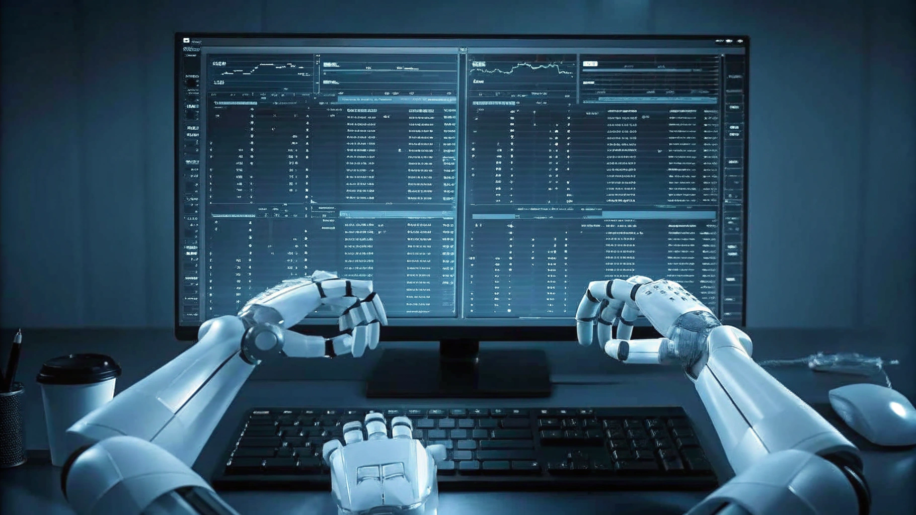 어두운 배경의 사무실 환경에서 인공지능 로봇이 대형 모니터로 데이터를 분석하고 있는 장면으로, 화면에는 다양한 표와 그래프가 표시되어 있고 로봇 손이 키보드와 마우스를 조작하는 모습이 강조된 이미지.