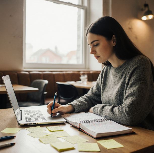 조용한 카페에서 노트북과 노트를 앞에 두고 집중하는 모습으로 테이블 위에 체계적으로 정리된 메모지, 체크리스트, 펜들이 있고, 차분한 표정으로 문제 해결에 몰입하고 있다.