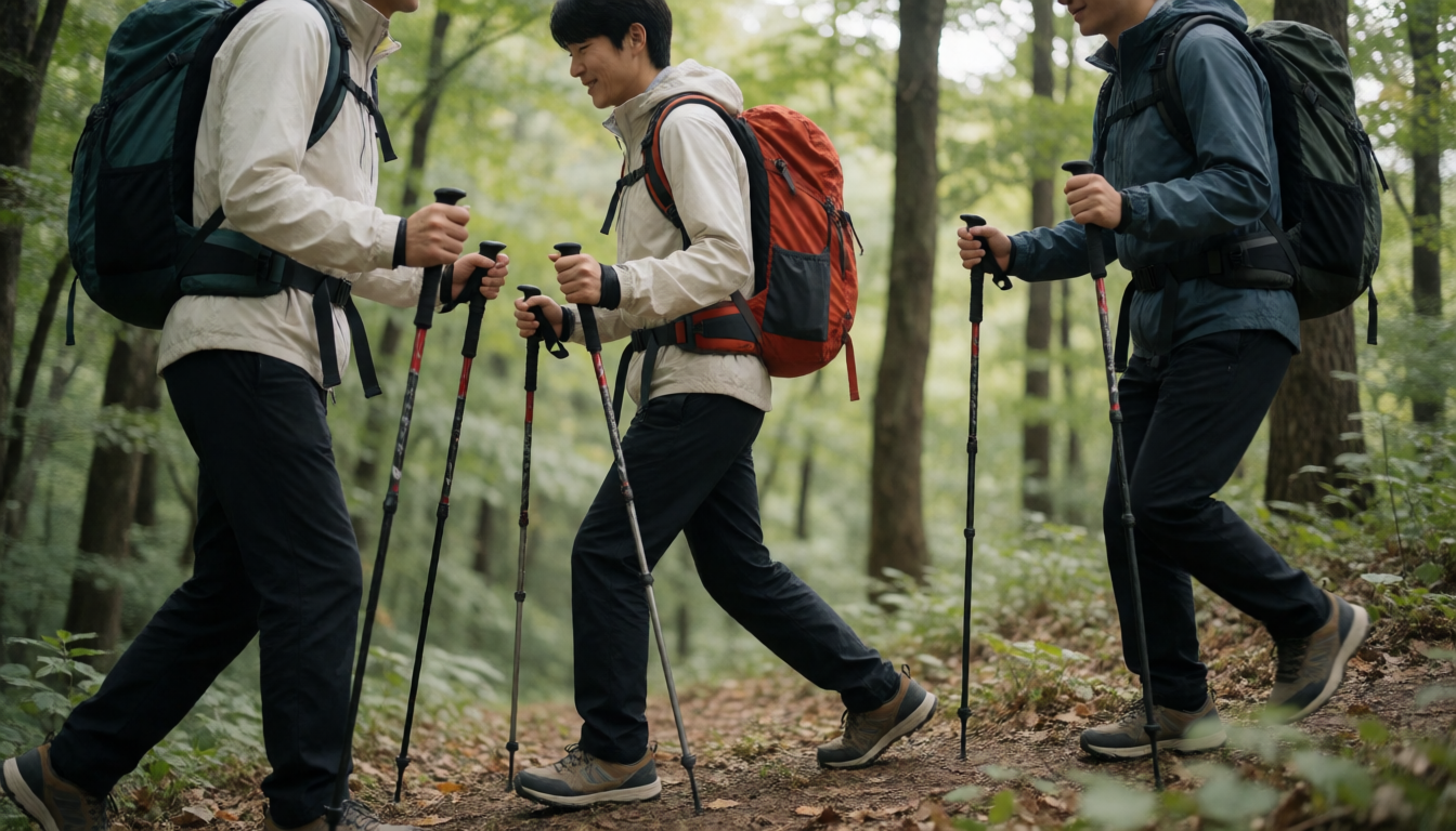 숲길 오르막에서 스틱을 짚어 걷는 등산객 세 명