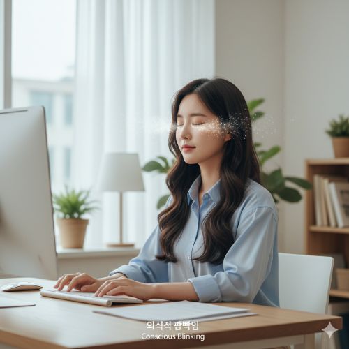컴퓨터 작업 중 안구 건조증 예방을 위해 눈을 지그시 감으며 의식적으로 깜빡이는 연습을 하는 여성의 모습