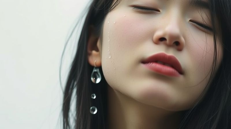 머리를 기울여 귀에서 물이 흘러나오는 모습