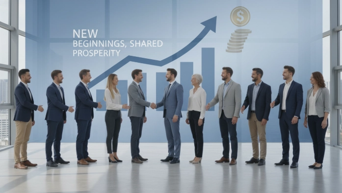 재취업에 성공한 사람들이 고용 보험 혜택과 내일채움공제를 통해 재정적 안정을 얻는 모습