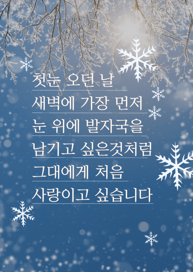 겨울 눈송이 배경과 눈 덮인 나뭇가지 위로 사랑을 비유한 감성 글귀가 담긴 이미지