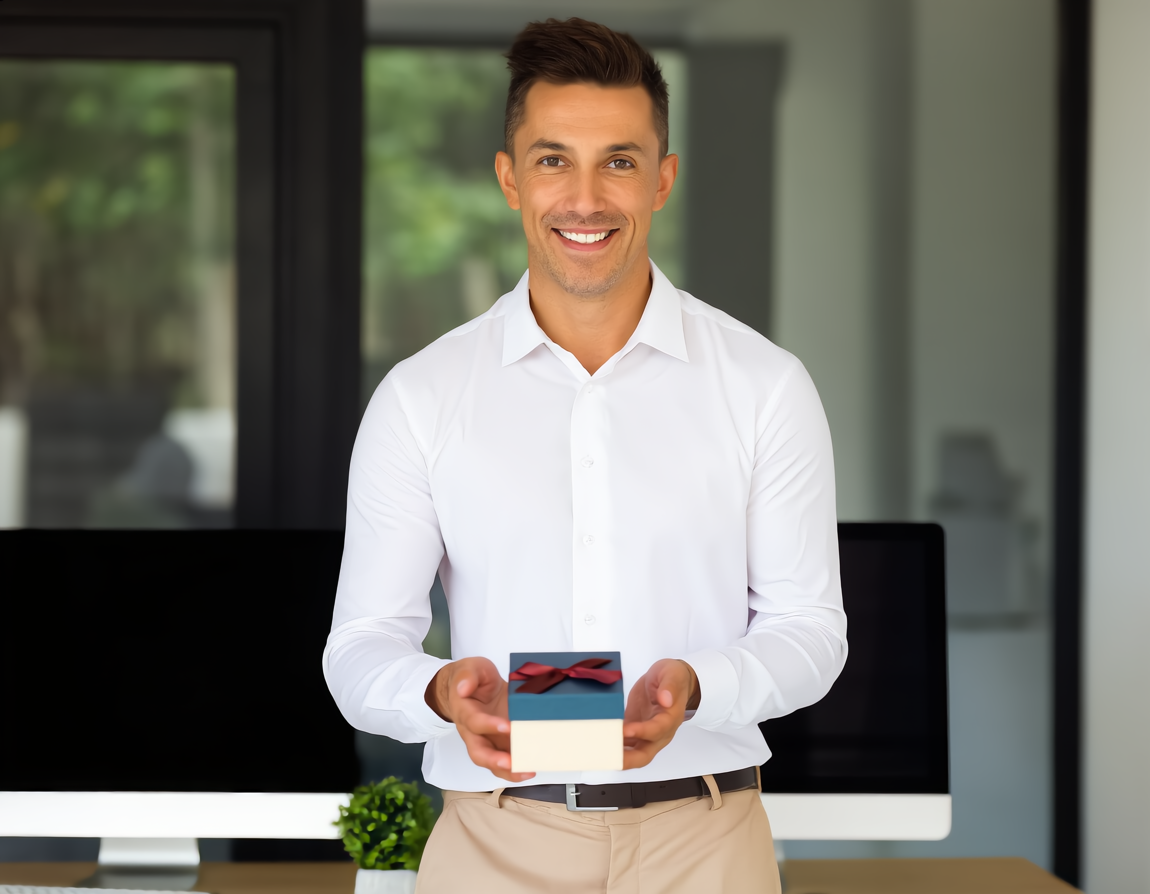 화이트 셔츠에 베이지 슬랙스를 입은 20대 후반 동료가 사무실 책상 앞에서 손바닥 크기의 선물 박스를 건네주며 환하게 웃고 있습니다. 현대적인 오피스 인테리어 배경에 컴퓨터 모니터와 화분이 놓인 책상, 창문으로 들어오는 부드러운 자연광이 따뜻한 분위기를 연출하며, 미묘한 눈웃음과 친근한 표정에서 직장 내 우정이 느껴지는 중간 클로즈업 샷입니다.