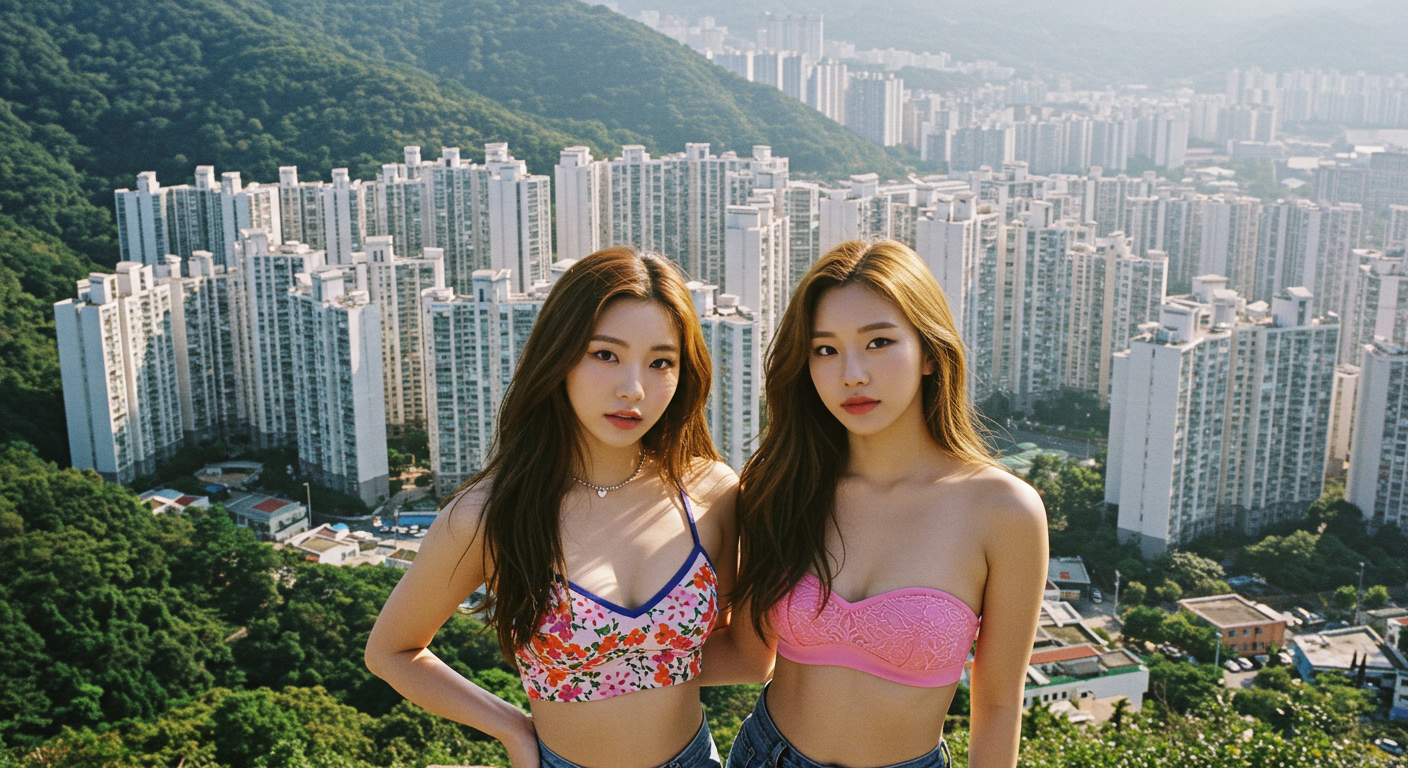 아파트단지를 배경으로 사진찍는 여자들