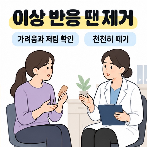 테이프 조각을 든 환자가 의료진과 상담하는 모습과 가려움이나 저림이 있으면 천천히 제거하라는 안내