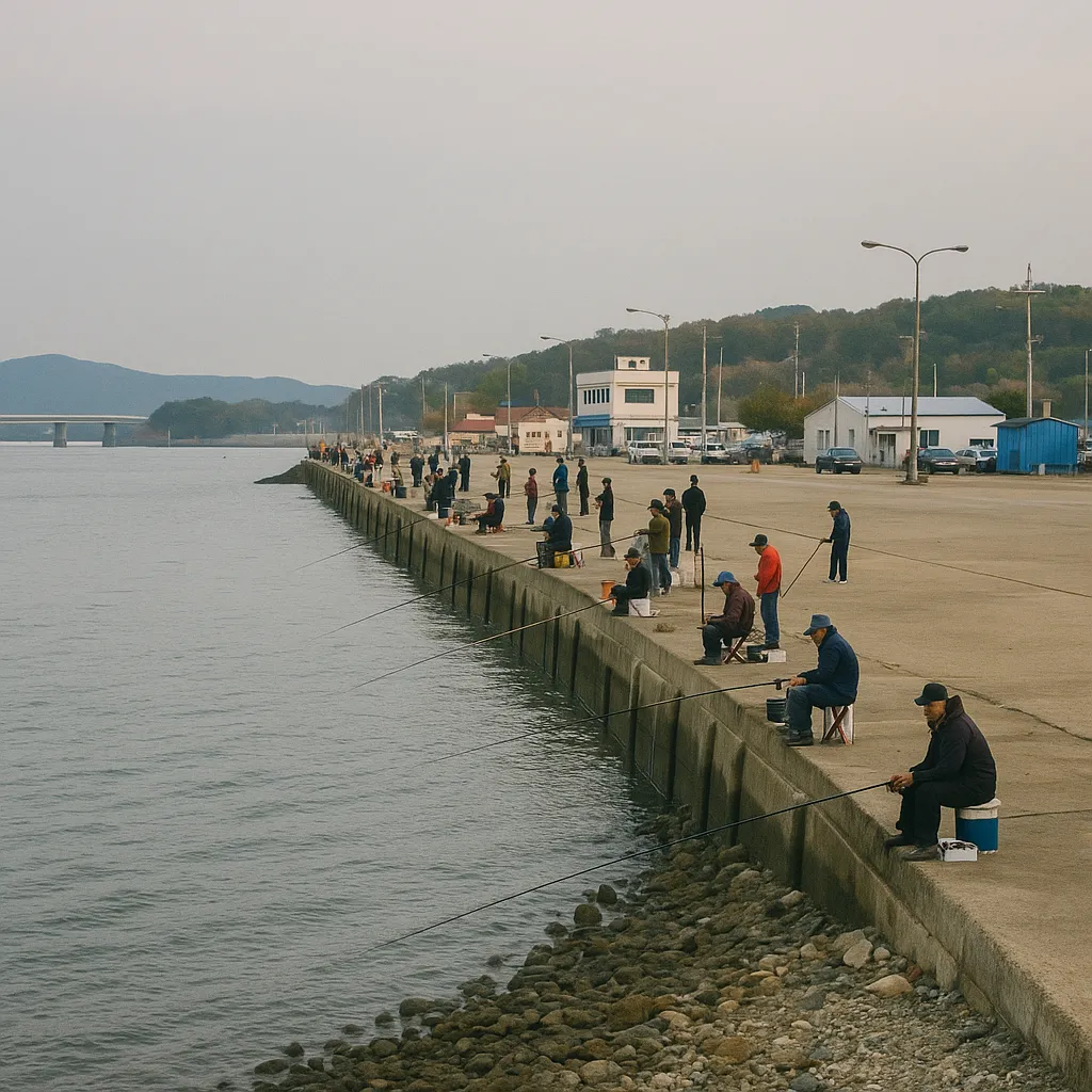 강화도 외포리 선착장에서 낚시를 즐기는 사람들의 풍경