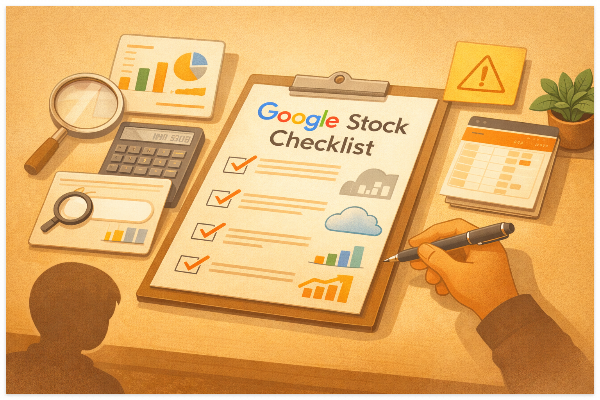 구글 주식 매수 전 실적·밸류·리스크를 점검하는 체크리스트 일러스트