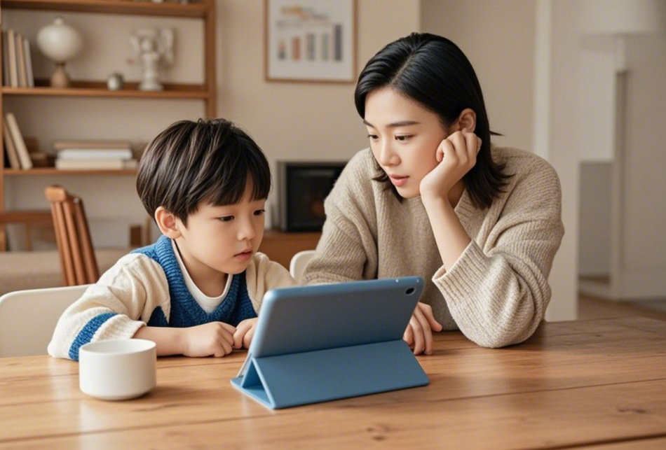 유튜브 영상을 함께 시청하며 대화하는 부모와 아이