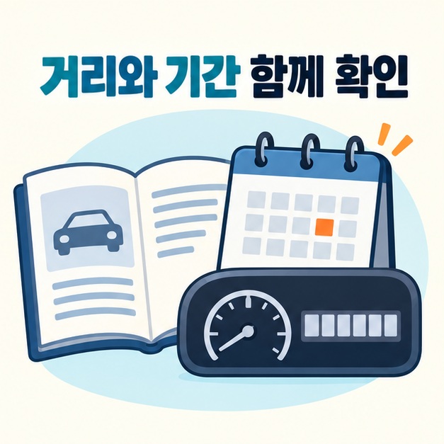 사용설명서와 달력 및 주행거리 표시로 거리와 기간을 함께 확인하는 모습