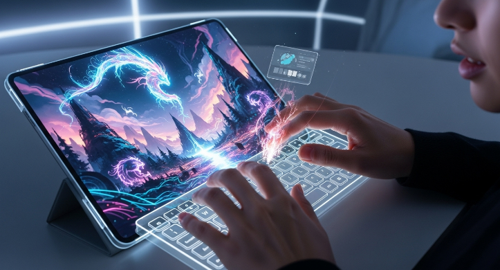 태블릿에 프롬프트를 입력하자 AI가 실시간으로 환상적인 풍경화를 그리는 모습. AI 드로잉의 창의적 과정을 보여줍니다.